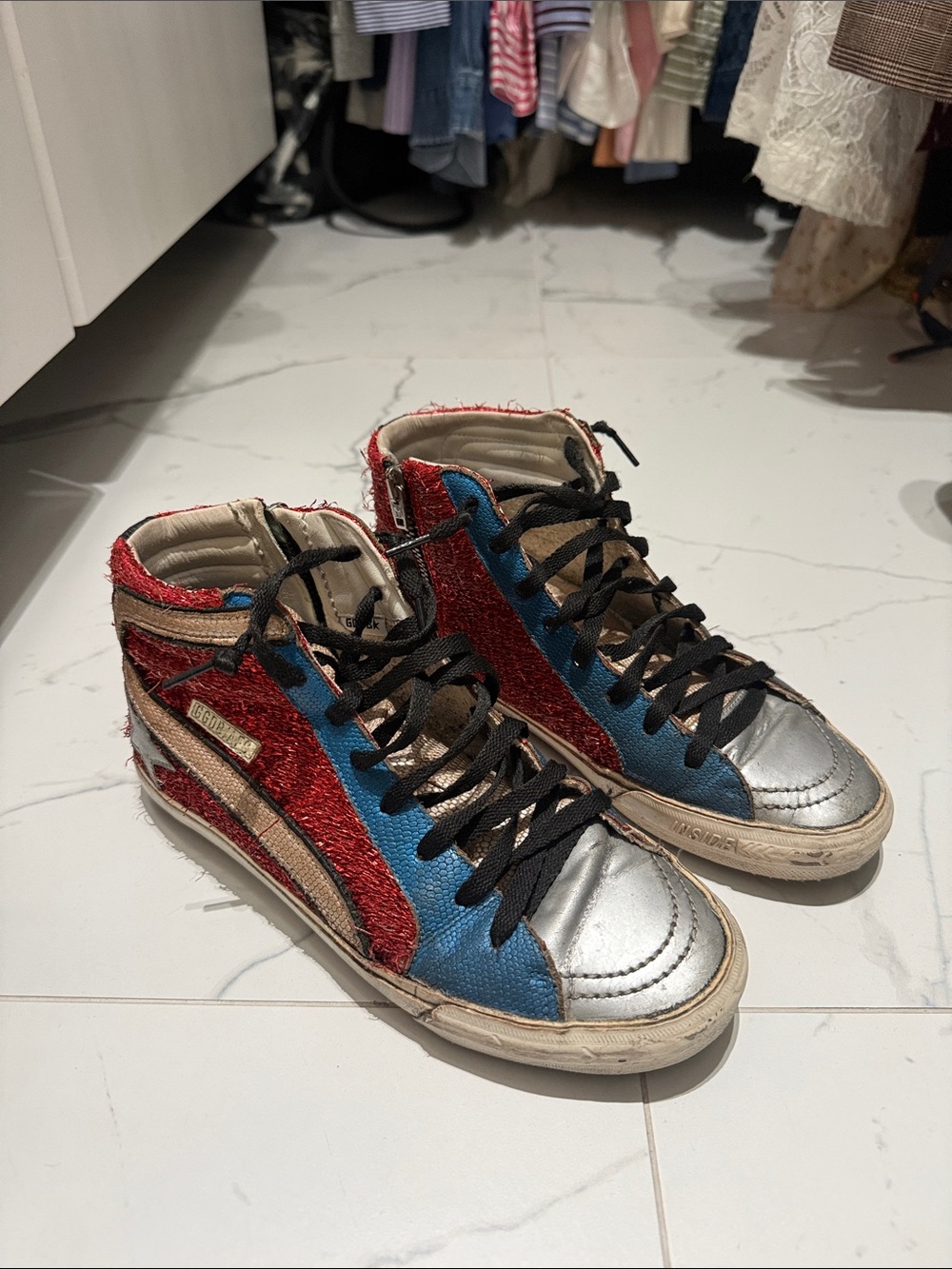 Golden Goose Women's Red Blue Silver High-Top Sneakers